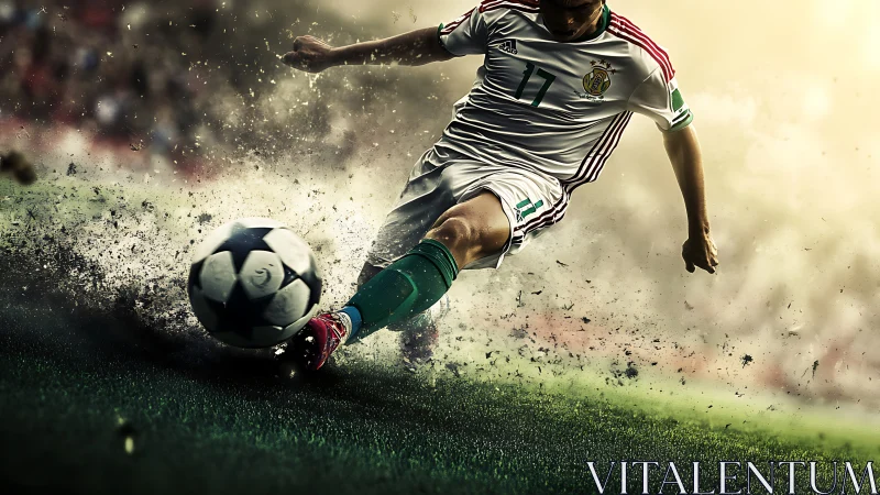 Soccer player in white kit strikes ball on wet grass field.