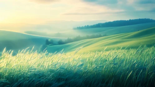 Sunlit grassland slopes under atmospheric dawn haze