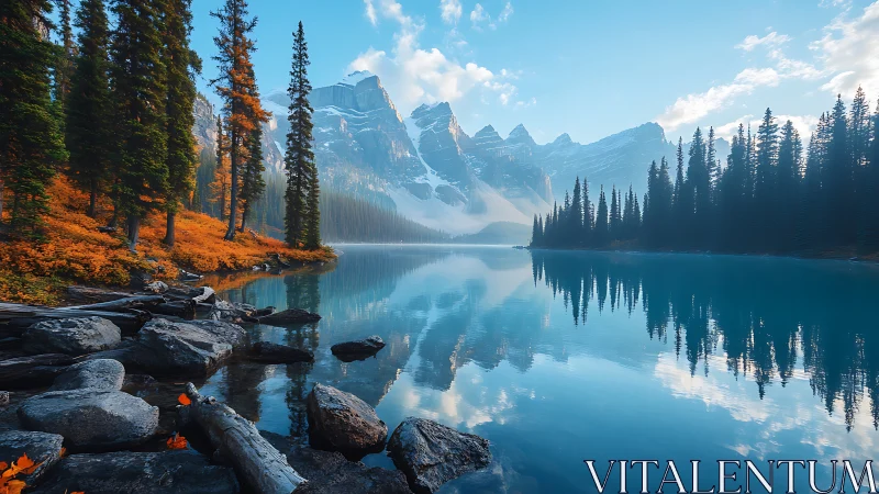 Whispering turquoise lake cradling autumn pines and icy peaks.