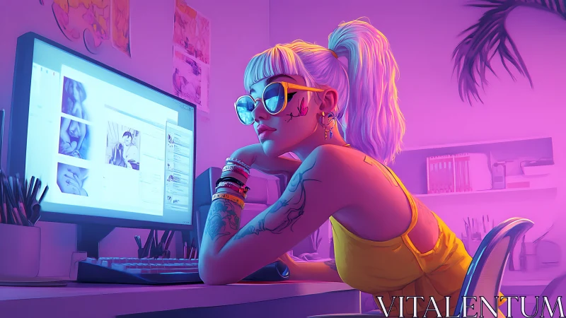 Cool creative girl unwinds at her neon lit computer desk.