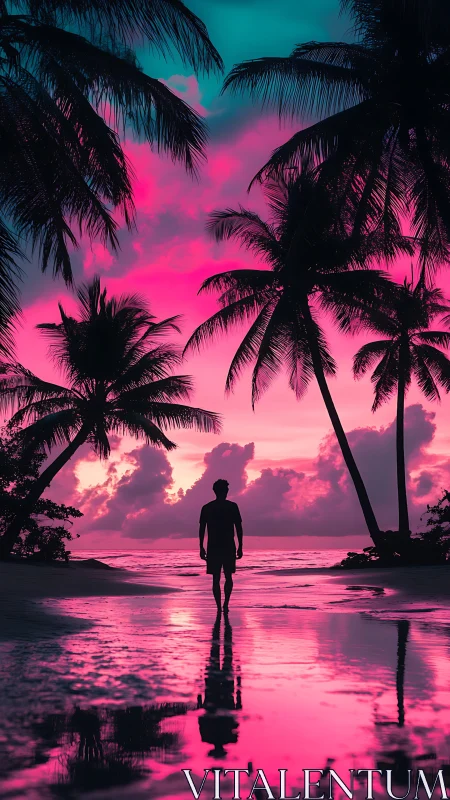 Silhouette on tropical shore under magenta cyan sunset sky.