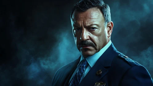 Intense officer portrait in dramatic teal studio lighting.