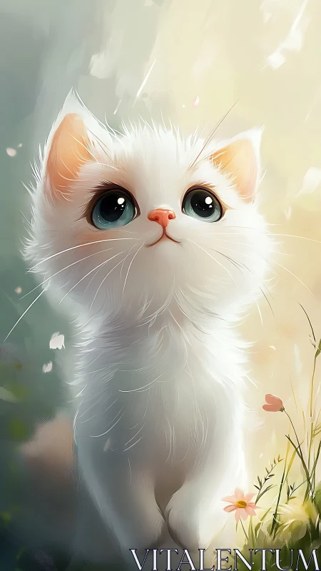 White Cat Portrait with Peach Markings and Turquoise Eyes