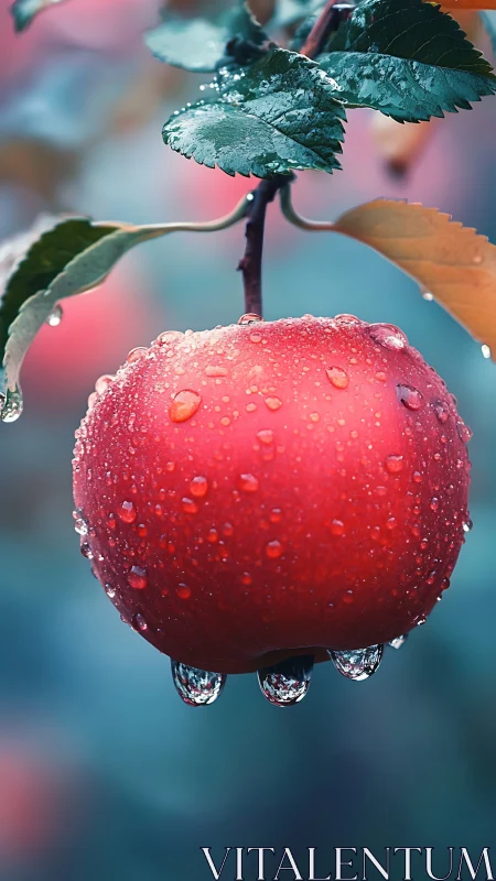 Raindrops cling to ripe red apple in dreamy orchard light.