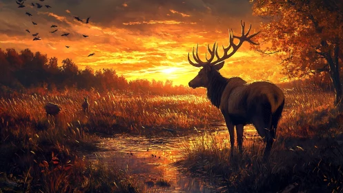 Majestic stag watches a blazing autumn marsh sunset glow.