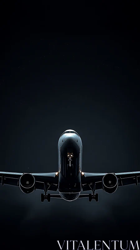 Midnight airliner rising into a calm, star-dusted sky.