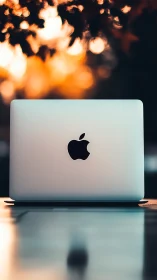 Closed silver laptop with logo on table outdoors at dusk.