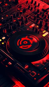 Glowing DJ mixer bathed in bold red nightclub lights.