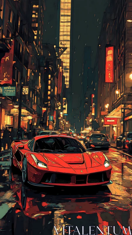 Digital painting of red supercar on neon-soaked city street at night.