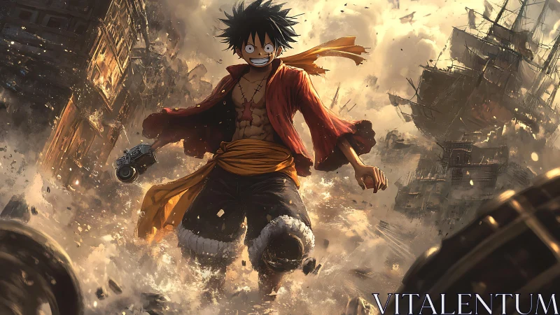 Straw hat pirate charges through burning harbor chaos.