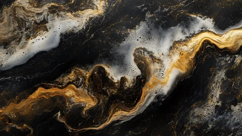 Cosmic gold river swirling through dark marbled void.