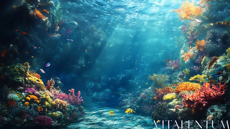 Sunlit coral reef teems with vibrant marine life in clear water