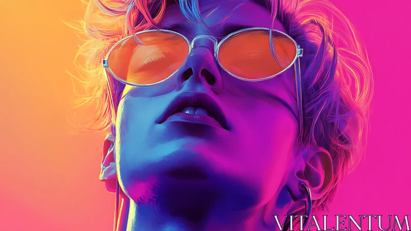 Neon-lit stylized portrait of person with reflective glasses.