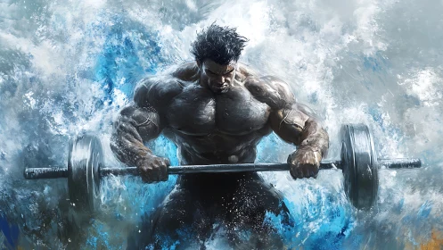 Muscular male figure lifting barbell amid stylized water surge.