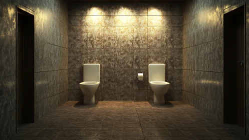 Cozy dual restrooms glowing under soft golden lights.