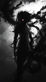Shadowy humanoid figure with red eye in swirling darkness.