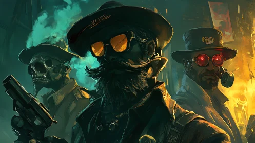 Postapocalyptic mercenaries in toxic neon urban haze
