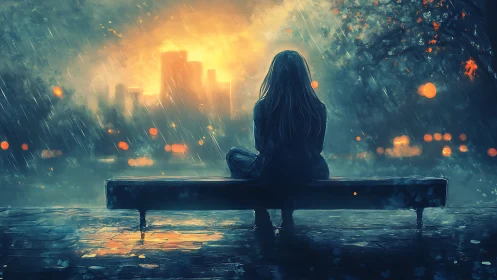 Solitary girl watches rainy city glow in twilight silence.