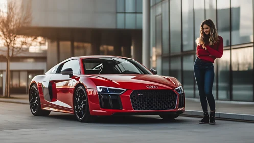Sunlit red sports car meets smiling woman in city calm