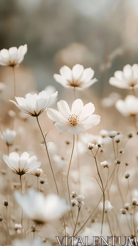 White Cosmos Flowers in Soft Focus Field Setting