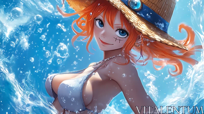 Anime beach girl in white bikini with straw hat pose.