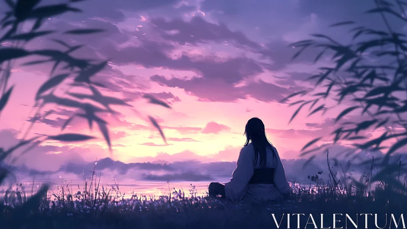 Twilight horizon cradles a lone dreamer beside whispering reeds