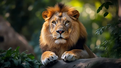 Majestic lion rests on sunlit rock in lush jungle habitat