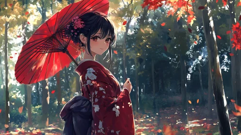 Autumn kimono girl pauses beneath a vivid red umbrella.