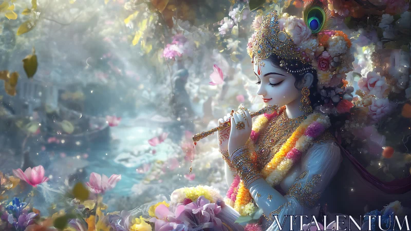 Flute-kissed goddess in a moonlit garden of drifting petals.