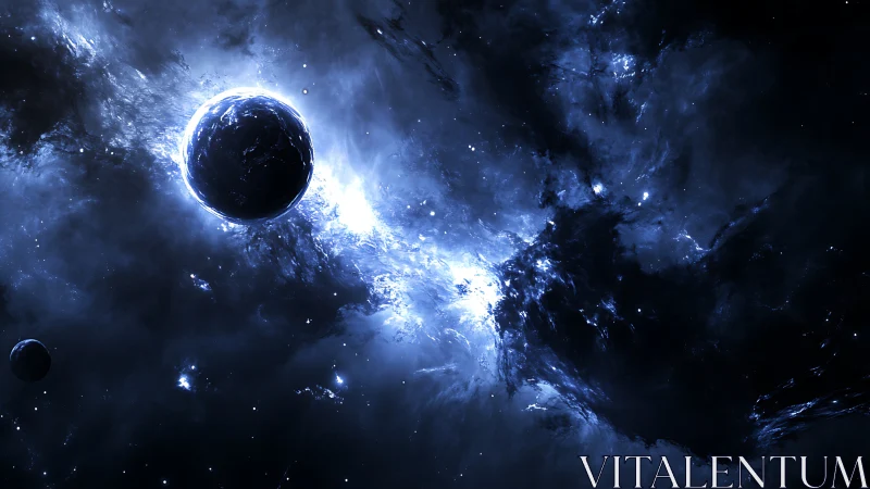 Dark planet in glowing blue nebula deep space scene.