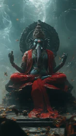 Majestic elephant-headed deity meditates in swirling embers