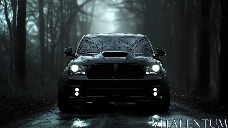 Black muscle car idles on wet forest road in eerie dusk