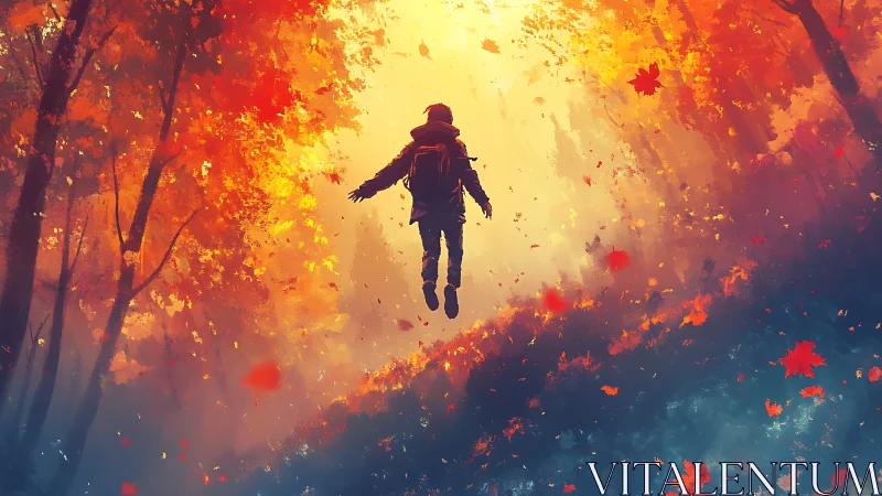 Silhouetted figure suspended in bright autumn forest light.