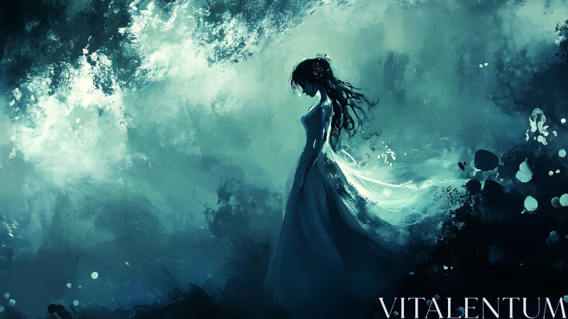 Solitary woman walks through a storm of swirling teal light