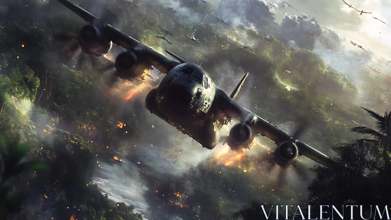 Storm-battered jungle skies with a roaring battle aircraft.