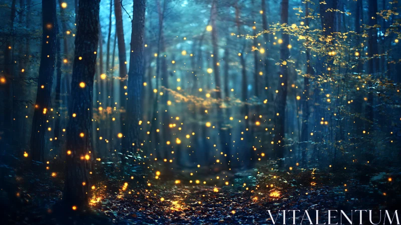 Enchanted Forest at Twilight: Bioluminescent Fireflies Illuminate Ancient Woodland Path.