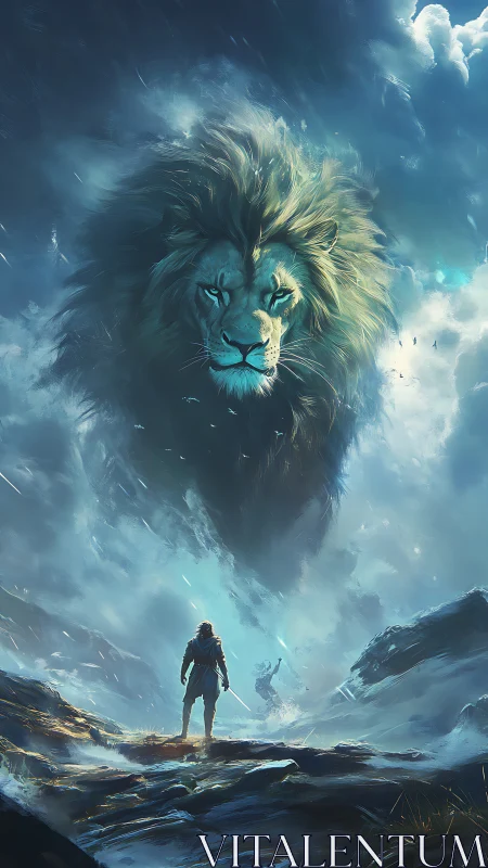 Colossal lion head in stormy sky above two distant figures.