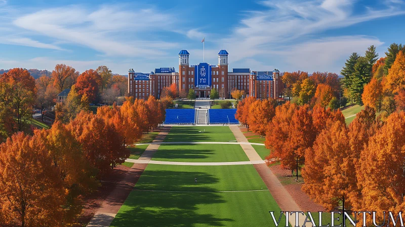 Campus lawn leads toward red-brick university hall in autumn