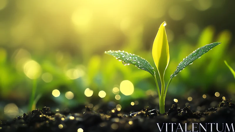 Young green plant seedling in moist soil under soft sunlight.