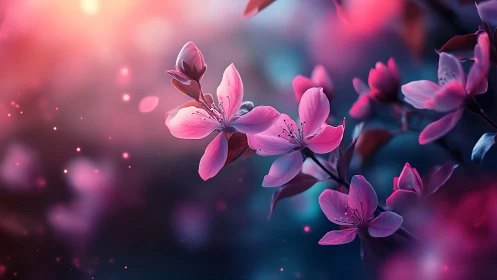 Glowing pink blossoms dance in dreamy twilight magic