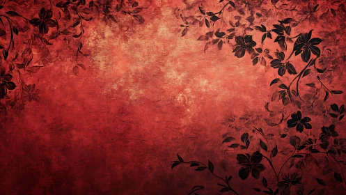 Crimson floral grunge canvas with dark ornamental vines.