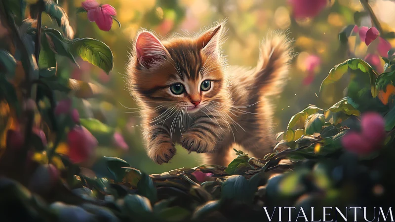 Kitten in Garden with Pink Flowers.