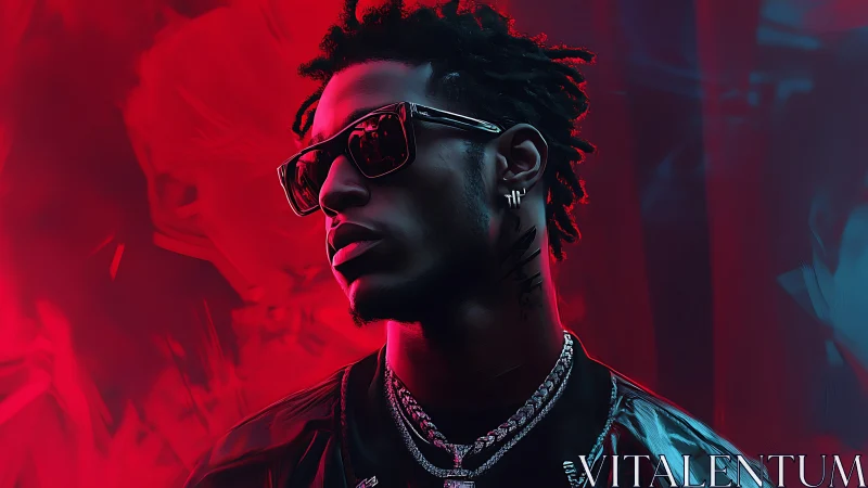 Neon crowned chill king in crimson electric haze.