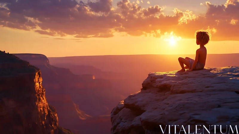 Child sitting on canyon cliff watching vivid sunset sky.