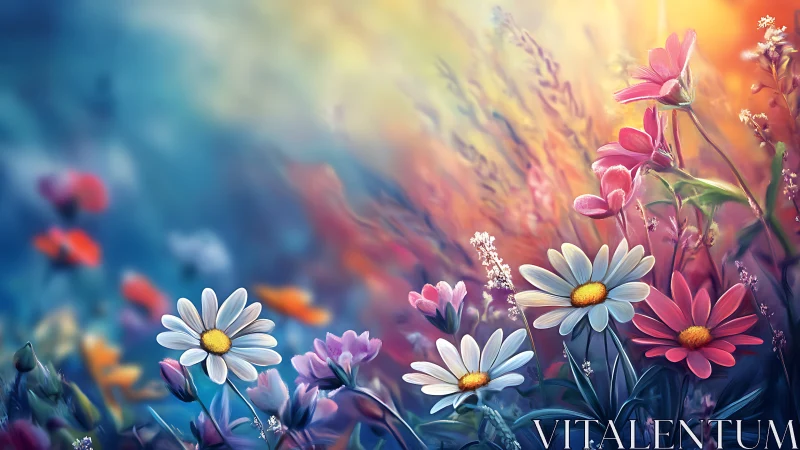 Digital floral composition with white and pink daisies in soft focus field