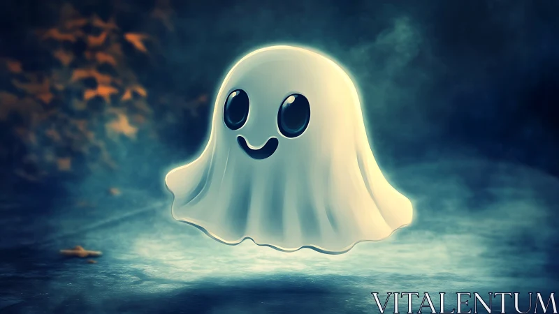 Cute stylized ghost character floats in moody misty light