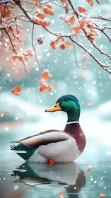 Gentle mallard rests on a quiet pond beneath snowy leaves