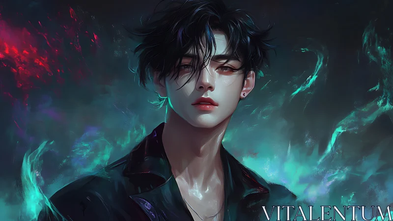 Brooding dark-haired youth amid glowing ethereal flames.