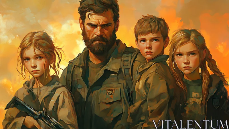 Paramilitary father with three children against burning sky