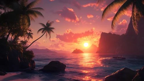 Tropical Sunset Over Island Cove with Palm Trees